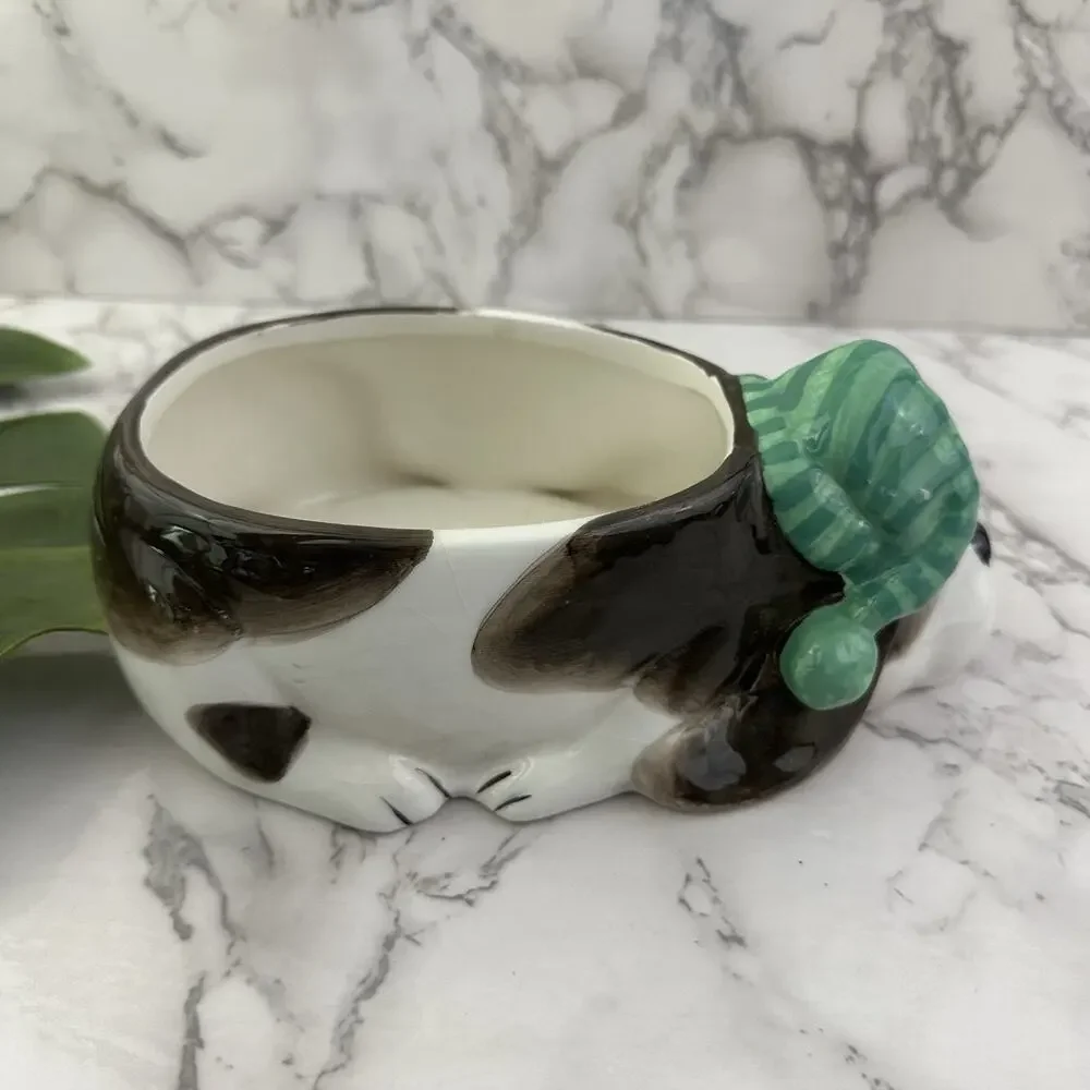 Pier 1 Vintage Y2k Sleeping Dog Dish Bowl Planter Ceramic White Brown Puppy